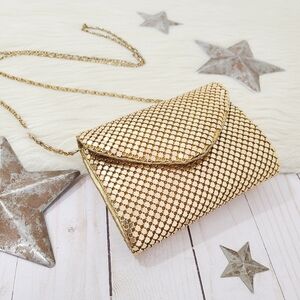 Vintage envelope clutch mini purse gold metal mesh chain crossbody bag